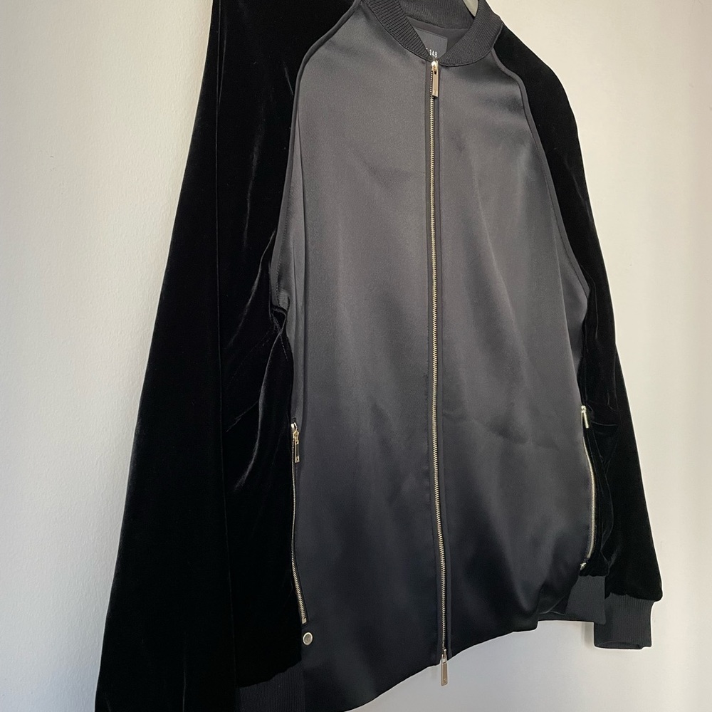 Lafayette 148 New York Brea Velvet-Trimmed Satin Bomber Jacket - Picture 4 of 5